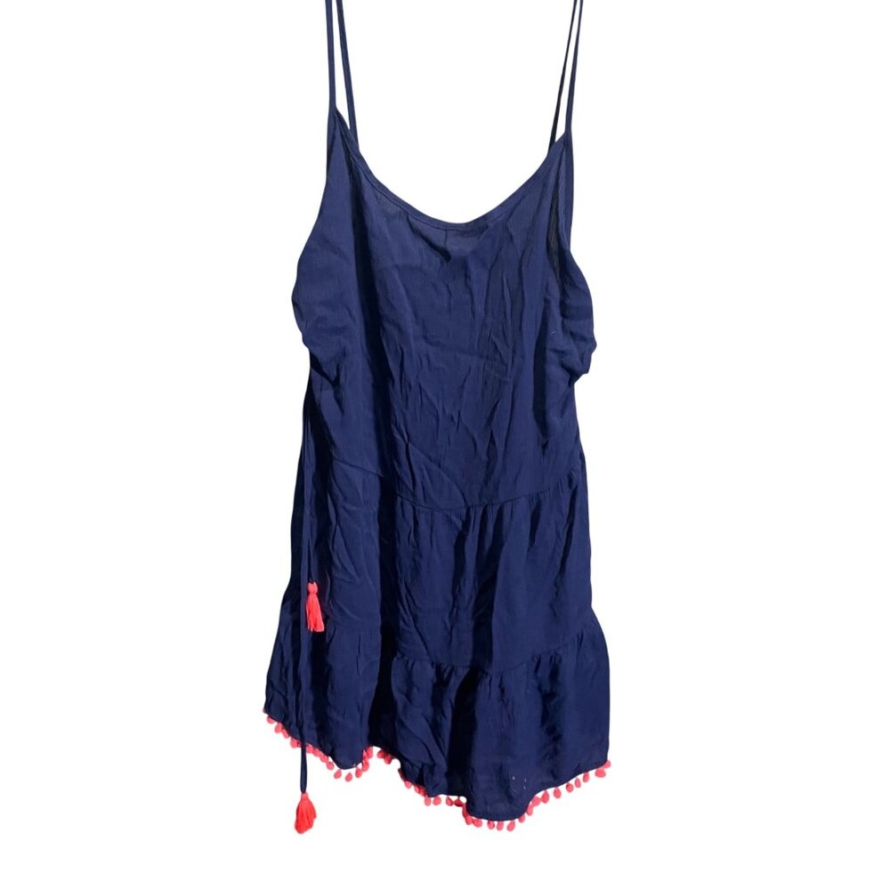 Miken Swim Pom Tassel Cover-Up Dress‎ L Adjustable Straps Navy/Red